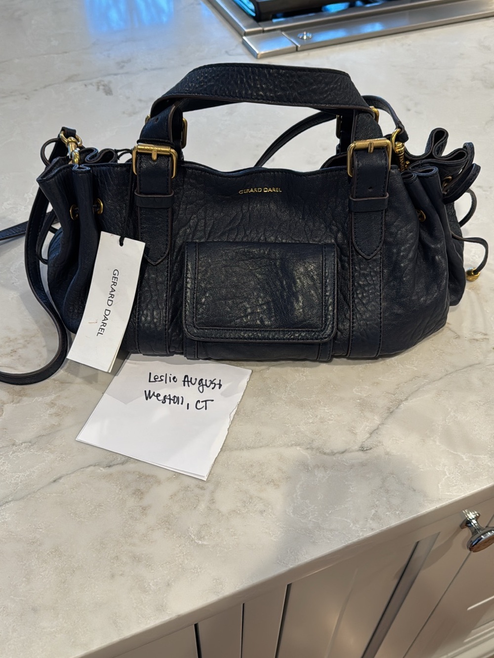 Gerard Darel Navy Blue Pebbled Leather Shoulder Bag with Gold Hardware - new